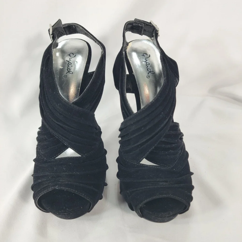 Qupid Slingback Platform Stiletto Heel Women 8 Black Ruched Suede Whimsigoth Y2K